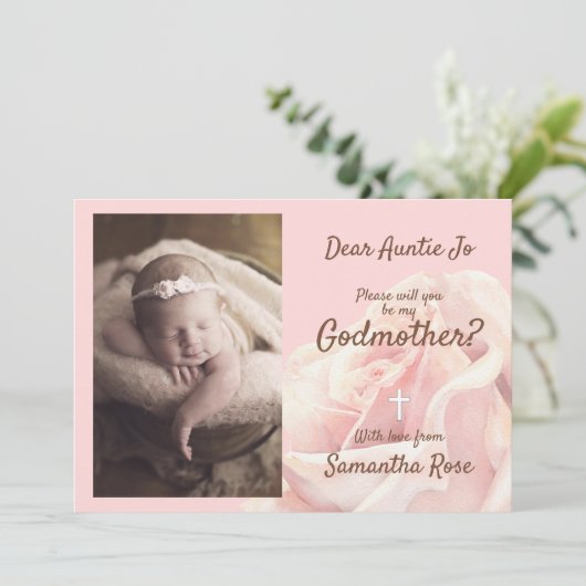 Roze roos blozende peetmoeder uitnodiging (Staand voorkant)