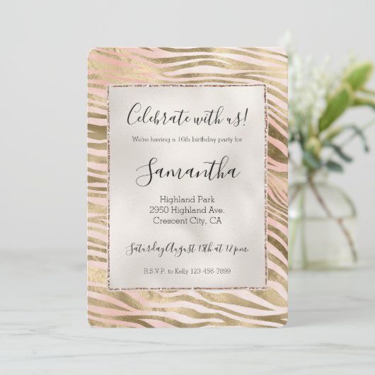 Roze Roos Blush Goud Zebra Dierenprint Kaart (Staand voorkant)
