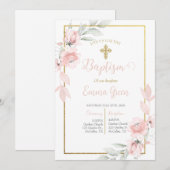 Roze roos boeket doop uitnodiging voor meisje (Voorkant / Achterkant)