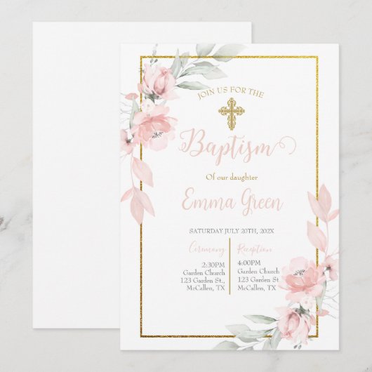 Roze roos boeket doop uitnodiging voor meisje (Voorkant / Achterkant)