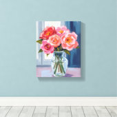 Roze Roos Boeket Glas Vaas Romantisch Bloemstuk Canvas Afdruk (Insitu (Houten vloer))