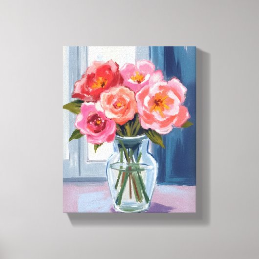 Roze Roos Boeket Glas Vaas Romantisch Bloemstuk Canvas Afdruk (Voorkant)