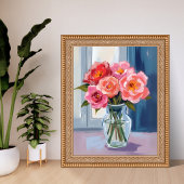 Roze Roos Boeket Glas Vaas Romantisch Bloemstuk Poster