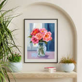 Roze Roos Boeket Glas Vaas Romantisch Bloemstuk Poster