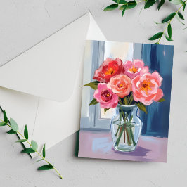 Roze Roos Boeket Glas Vaas Romantische Bloemkaart