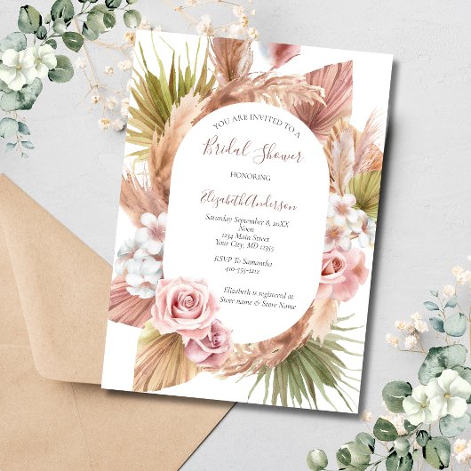 Roze Roos Boho Pampas Gras Bruidsdouche Kaart
