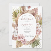 Roze Roos Boho Pampas Gras Bruidsdouche Kaart (Voorkant)