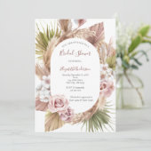 Roze Roos Boho Pampas Gras Bruidsdouche Kaart (Staand voorkant)
