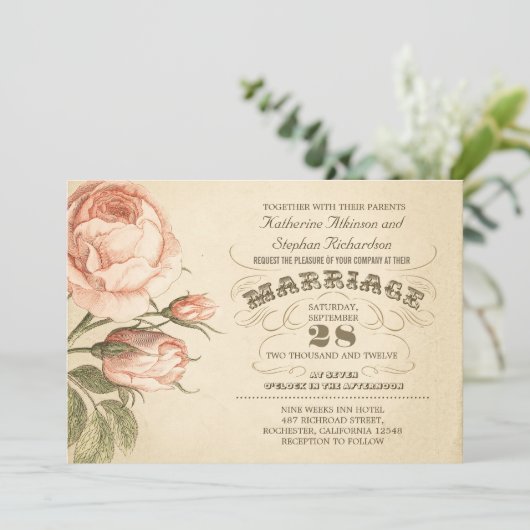 roze roos botanische bruiloft uitnodiging (Staand voorkant)