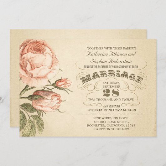 roze roos botanische bruiloft uitnodiging (Voorkant / Achterkant)