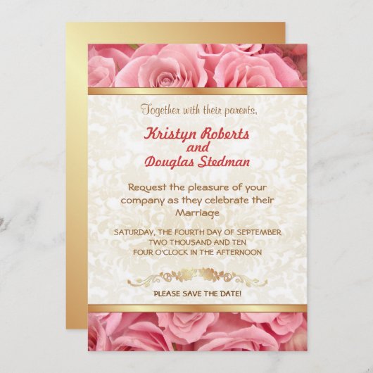 Roze Roos - bruiloft uitnodiging (Voorkant / Achterkant)