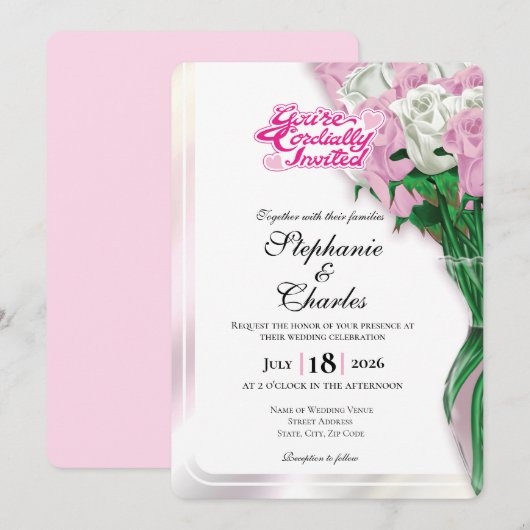 Roze Roos Bruiloftsinvatie - Roze Letters 1 Kaart (Voorkant / Achterkant)