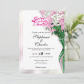 Roze Roos Bruiloftsinvatie - Roze Letters 1 Kaart (Staand voorkant)