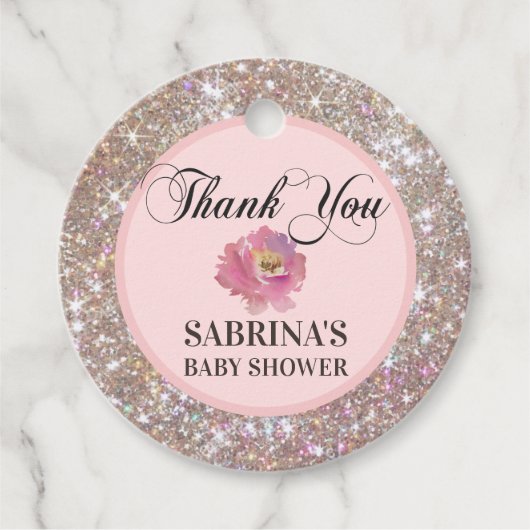 Roze, Roos bruin, glitter Baby shower dank u Bedankjes Labels (Voorkant)