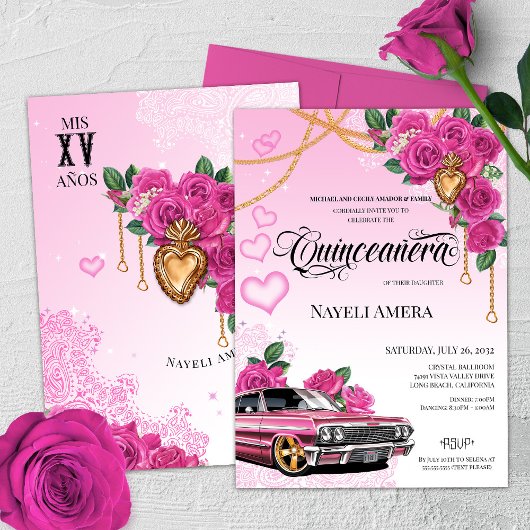 Roze Roos Corazon de Milagros Lowrider Quinceanera Kaart