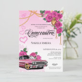 Roze Roos Corazon de Milagros Lowrider Quinceanera Kaart (Staand voorkant)