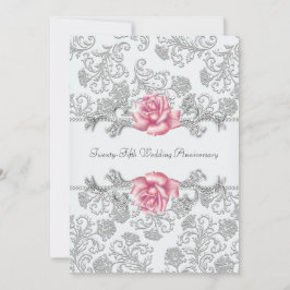 Roze Roos Damask Zilver 25e Huwelijksjubileum Kaart