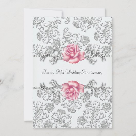 Roze Roos Damask Zilver 25e Huwelijksjubileum Kaart (Voorkant)