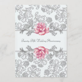 Roze Roos Damask Zilver 25e Huwelijksjubileum Kaart