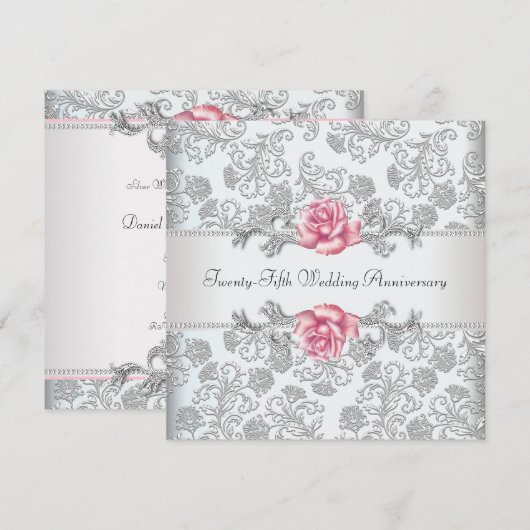 Roze Roos Damask Zilver 25e Huwelijksverjaardag Kaart (Voorkant / Achterkant)