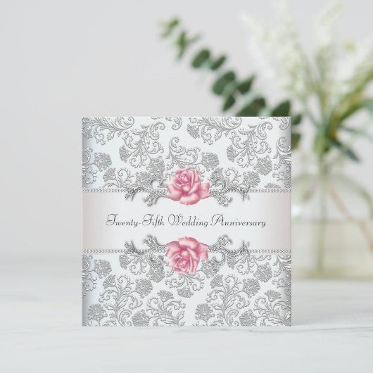 Roze Roos Damask Zilver 25e Huwelijksverjaardag Kaart (Staand voorkant)