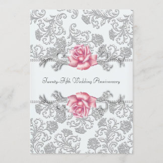 Roze Roos Damask Zilver 25e Trouwdagjubileum Kaart