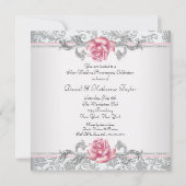 Roze Roos Damask Zilveren 25e Huwelijksverjaardag Kaart (Achterkant)