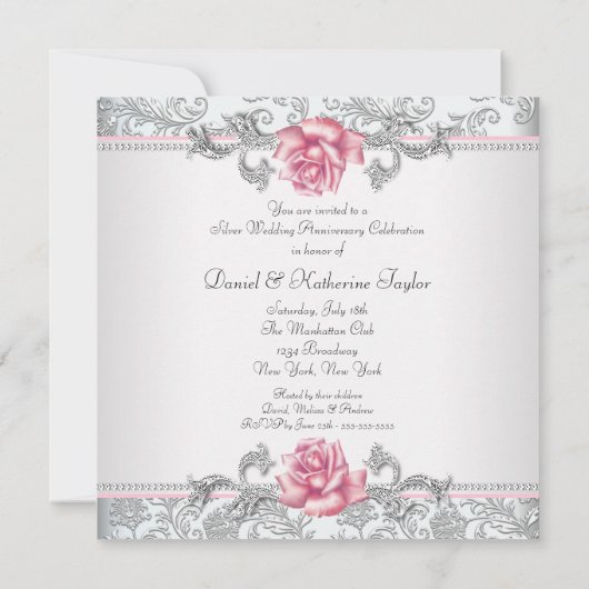 Roze Roos Damask Zilveren 25e Huwelijksverjaardag Kaart (Achterkant)