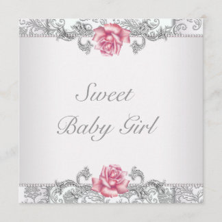 Roze Roos Damast Baby Meisje Shower Kaart