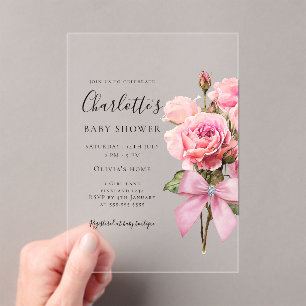 Roze Roos Diamanten Boog Meisje Baby Shower Acryl Uitnodigingen