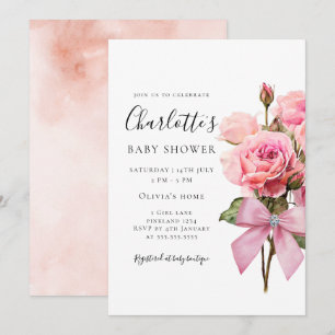 Roze Roos Diamanten Strikje Meisje Baby Shower Uit Kaart