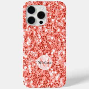 Roze roos donker koraal glitter fonkelt Monogram iPhone 15 Pro Max Hoesje
