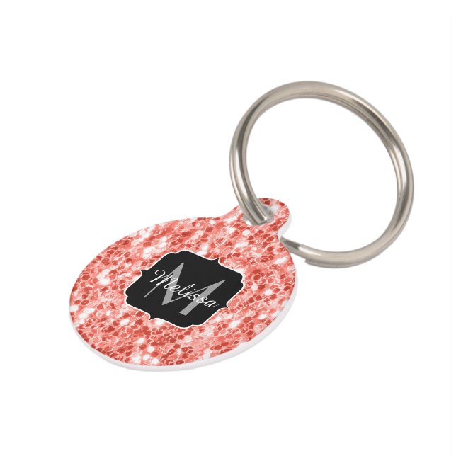 Roze roos donker koraal glitter fonkelt Monogram Huisdierpenning (Zijkant)