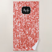 Roze roos donker koraal glitter fonkelt Monogram Strandlaken (Voorkant)