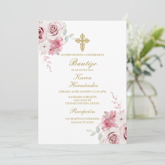 Roze roos Doop Spaans Kaart (Staand voorkant)