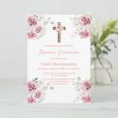 Roze roos eerste communie uitnodiging in het Spaan (Staand voorkant)