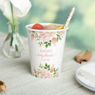 Roze Roos Elegante Bloem Meisje Baby Shower Papieren Bekers