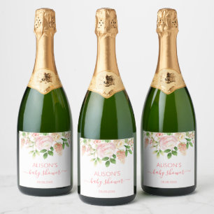Roze Roos Elegante Bloem Meisje Baby Shower Sparkling Wijnetiket