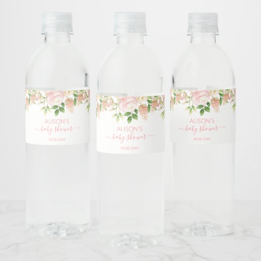 Roze Roos Elegante Bloem Meisje Baby Shower Waterfles Etiket (Flessen)