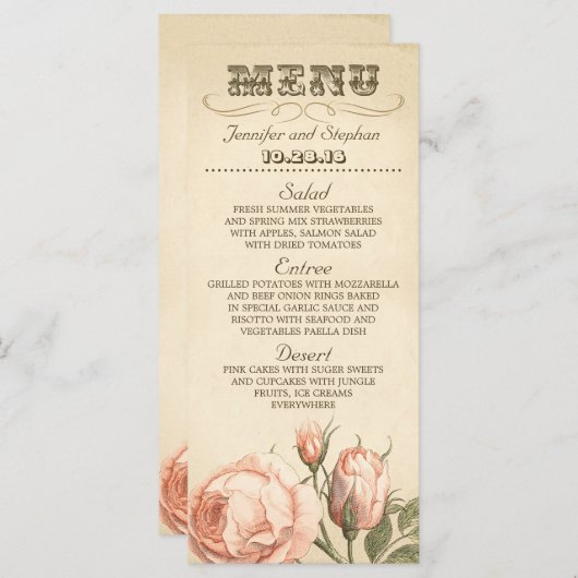 Roze  roos elegante bruiloft menu kaarten (Voorkant / Achterkant)