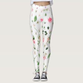 Roze roos en bladeren op witte achtergrond leggings