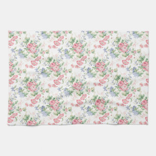 Roze roos en blauwe bloesem chintz theedoek