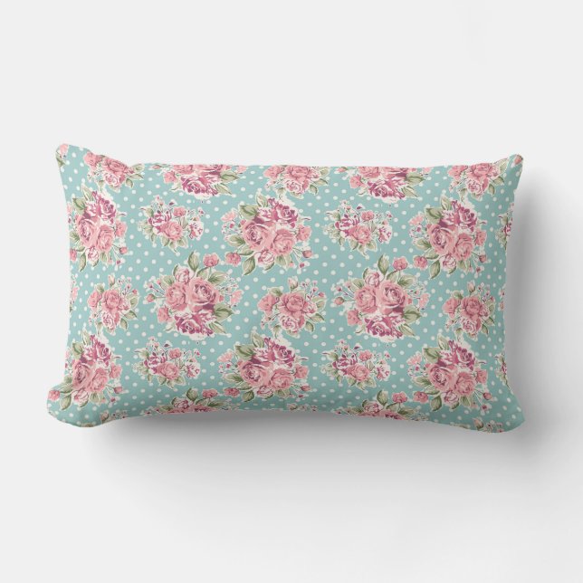  Roze Roos en Blauwe Polka Dot  Kussen (Voorkant)