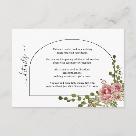 Roze roos en bloemrijke bruiloft informatiekaartje (Voorkant)