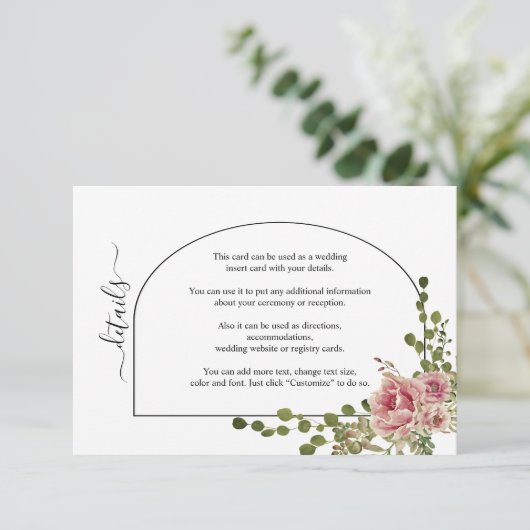 Roze roos en bloemrijke bruiloft informatiekaartje (Staand voorkant)