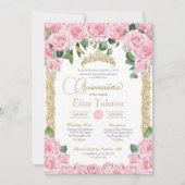 Roze Roos en Decoratief Goud Elegant Quinceanera Kaart (Voorkant)