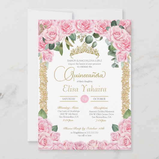 Roze Roos en Decoratief Goud Elegant Quinceanera Kaart (Voorkant)