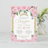 Roze Roos en Decoratief Goud Elegant Quinceanera Kaart (Staand voorkant)