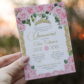 Roze Roos en Decoratief Goud Elegant Quinceanera Kaart
