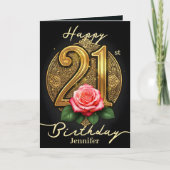 Roze roos en gouden filigraan nummer 21e verjaarda kaart (Voorkant)
